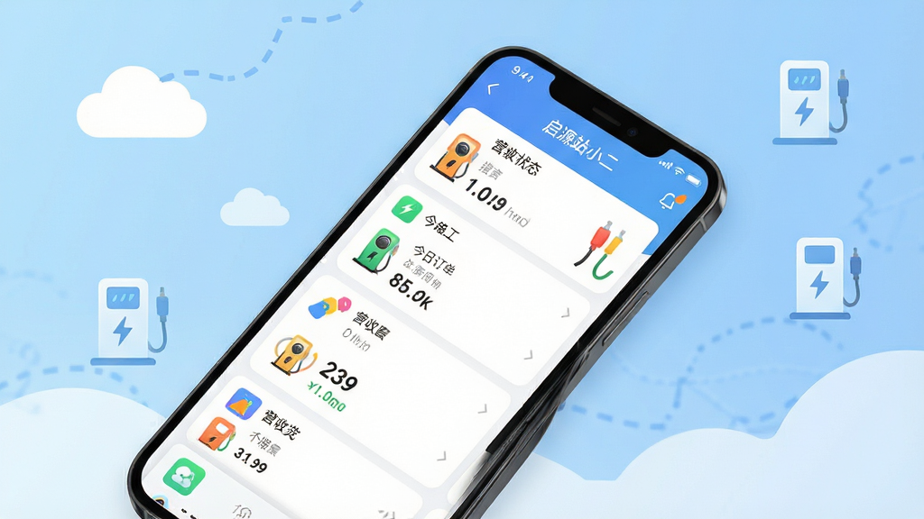 画面主体为一部智能手机屏幕,屏幕中清晰显示“启源站小二”APP主界面,界面包含充电桩状态列表、今日订单数、营收概览等数据卡片。布局采用居中构图,手机斜放45度,背景为浅蓝色渐变,配以简洁的白色云朵和电桩图标。排版干净清爽,风格现代扁平化,细节上突出APP界面图标的圆润与色彩鲜艳,画质高清,干净无多余元素。
