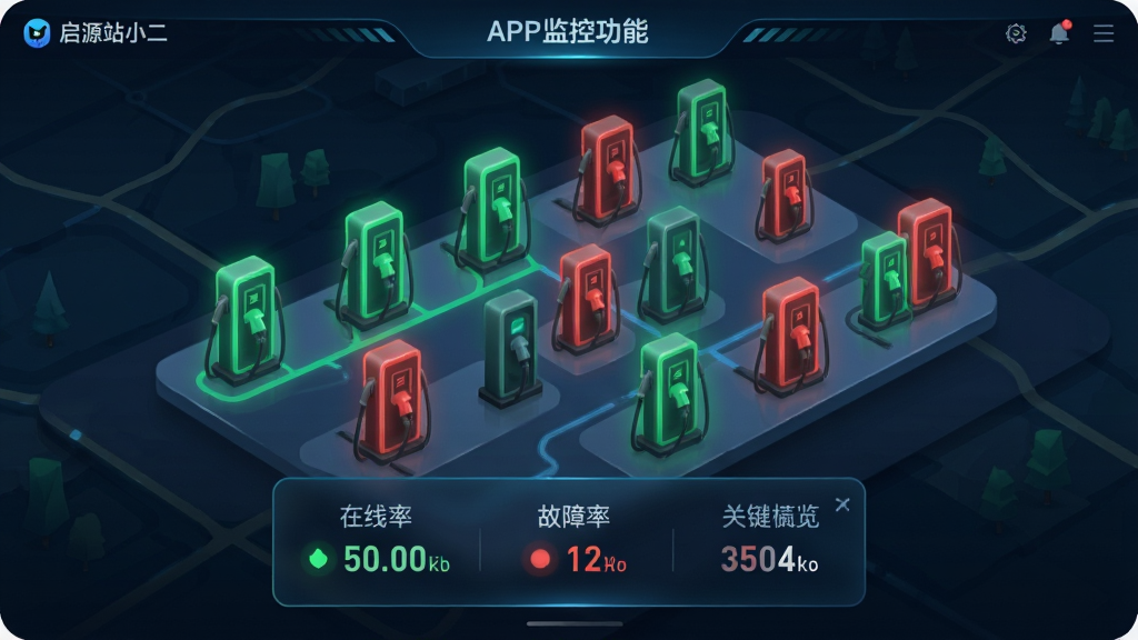 画面主体为“启源站小二”APP的监控功能界面,屏幕上展示一张充电站地图,分布着多个绿色和红色的充电桩图标。布局采用地图全屏展示,底部悬浮一个数据概览卡片,显示在线率、故障率等关键指标。排版清晰,风格科技感强,细节上强调图标的发光效果与地图的层次感,画质高清,干净无多余元素。