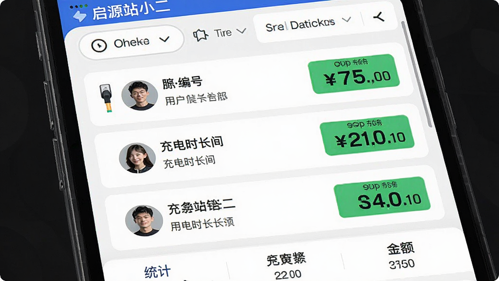 画面主体为“启源站小二”APP的订单列表界面,屏幕上排列着多条订单记录,每条记录包含充电桩编号、用户头像、充电时长和金额。布局采用列表式设计,顶部为筛选工具栏,底部为统计栏。排版简洁,风格商务化,细节上突出金额数字的加粗与绿色显示,画质高清,干净无多余元素。
