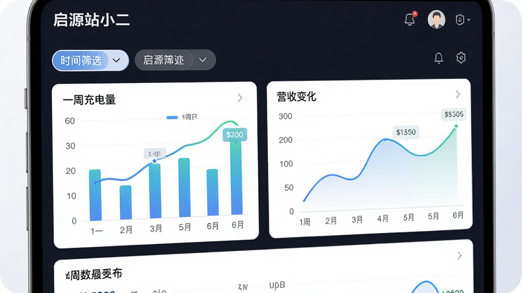 画面主体为“启源站小二”APP的数据报表页面,屏幕上展示柱状图和折线图,分别代表一周内的充电量和营收变化。布局采用卡片式设计,上方为时间筛选标签,下方为图表区域。排版专业,风格简约,细节上强调图表的线条流畅与数据标签的清晰,画质高清,干净无多余元素。