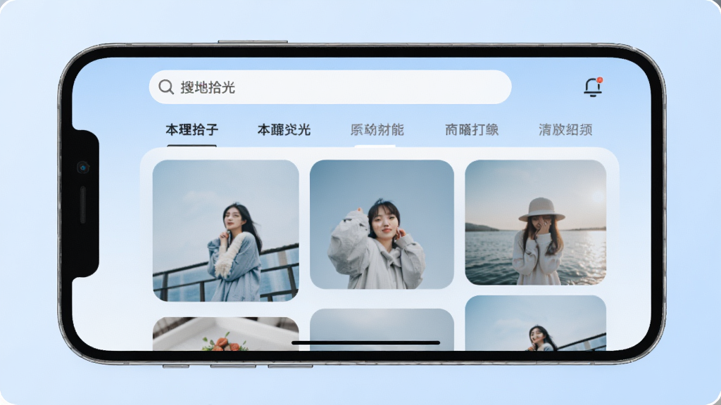一张手机横屏展示主界面的高清渲染图,界面中显示“本地拾光”APP的相册瀑布流布局,顶部有搜索栏和分类标签,背景为柔和的浅蓝色渐变,界面风格简洁现代,图标圆润,画质清晰,干净无多余元素