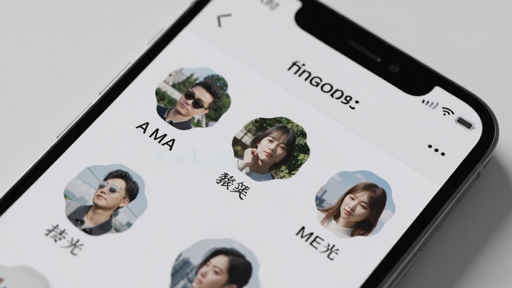 手机屏幕特写显示“本地拾光”的人物相册界面,多个圆形头像缩略图整齐排列,每个头像下方标注昵称,背景为淡灰色,界面清爽,光影柔和,画质细腻,干净整洁