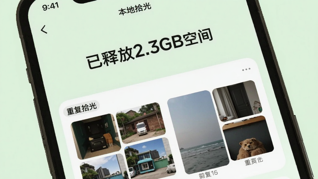 手机屏幕上展示“本地拾光”的清理结果页,显示“已释放2.3GB空间”的醒目数字,下方列出重复照片组对比图,界面背景为浅绿色,风格清新简约,画质干净,无多余元素
