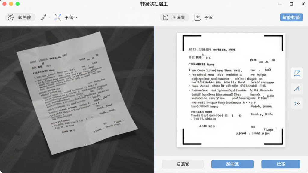 转易侠扫描王软件界面截图风格,左侧为原始拍摄的歪斜纸张照片,右侧为经过智能优化后的方正清晰扫描件,界面简洁,功能按钮排列有序,风格扁平现代,高分辨率,画质干净,无多余元素