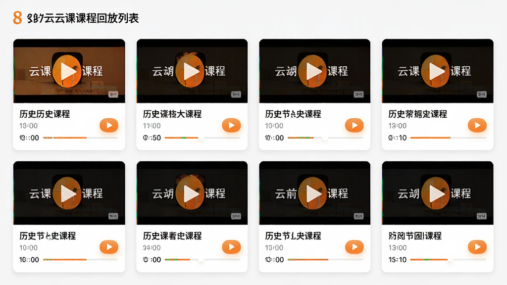 8橙云课课程回放列表页面,展示了多节历史课程的封面、标题和时间,界面采用卡片式设计,布局规整,配有播放按钮和进度条,整体风格简洁明了,画质高清,干净无多余元素