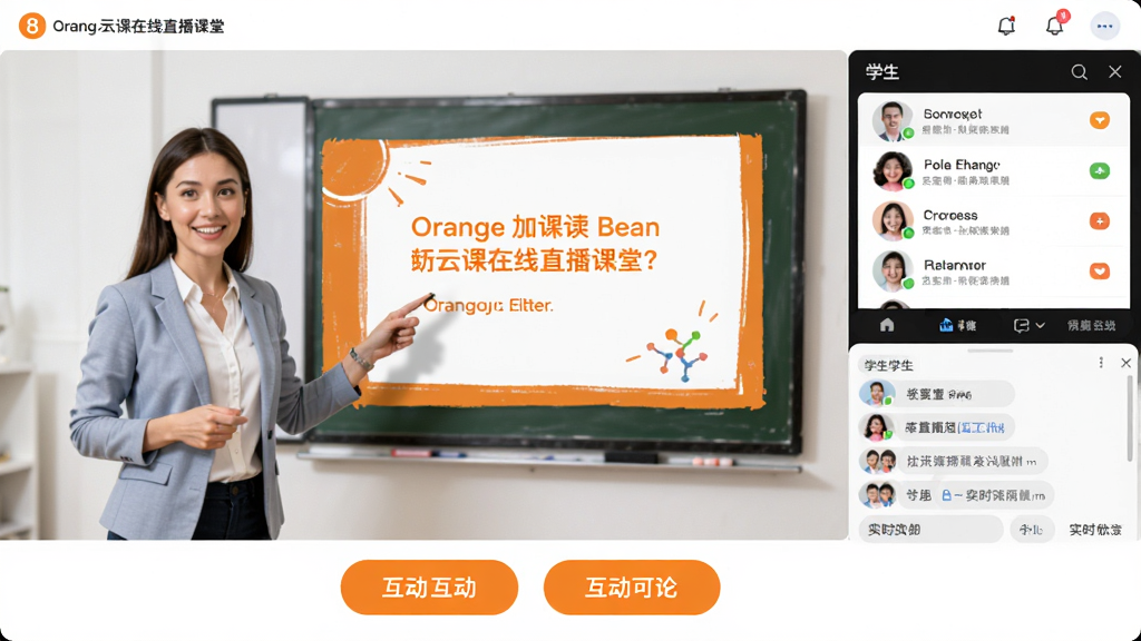 8橙云课在线直播课堂界面,老师正在讲解课件,屏幕右侧有学生列表和实时聊天窗口,下方有互动按钮,界面设计简洁,功能布局清晰,色彩明快,画质高清,干净无多余元素