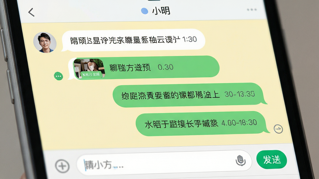 ���壺�����������Ի�������д��չʾ����ʽ������Ϣ���������ֺ�ͼƬ��Ϣ�����֣����Ϊ�Է���Ϣ���Ҳ�Ϊ�ѷ���Ϣ���ײ�Ϊ�����ͷ��Ͱ�ť���Ű棺���涥����ʾ��ϵ�����ơ�С�������м�Ϊ��Ϣ�������Բ��������ƣ�����Ϊ����ɫ����Ϣ���ݰ�ɫ����ɫ���֡�ϸ�ڣ����Ѷ���ִСͼ�����Ϣʱ��������ʣ�����ϸ�壬�޶���Ԫ�أ�������ˮӡ��