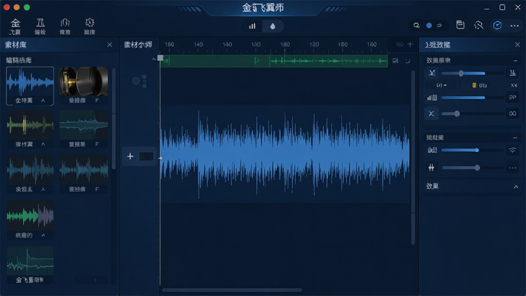 金飞翼音频编辑大师主界面展示,左侧为素材库,中间为波形编辑区,右侧为效果面板,整体采用深蓝色科技风格,界面布局清晰,工具栏图标简洁,画质干净,无多余元素
