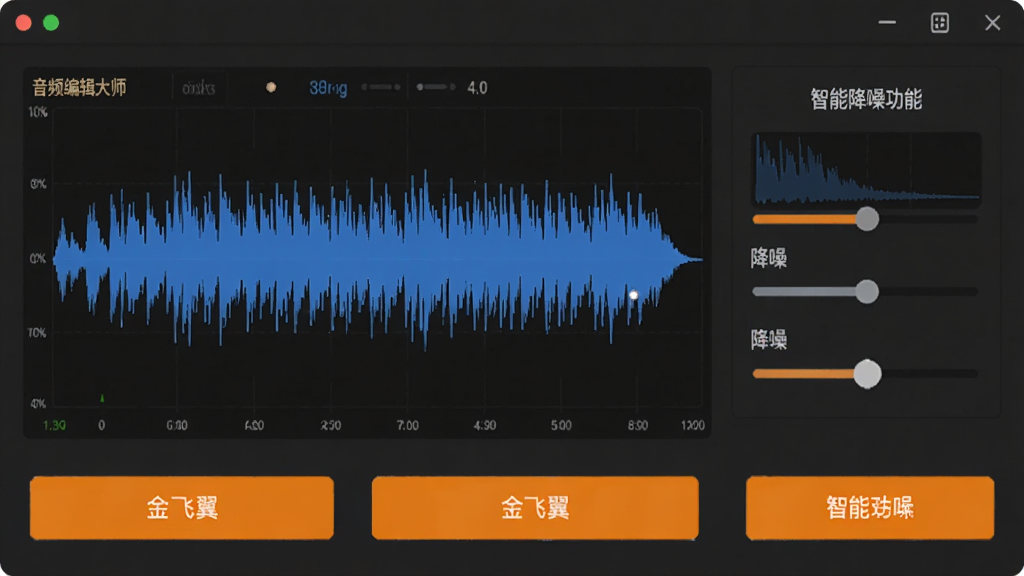金飞翼音频编辑大师智能降噪功能操作界面,显示音频波形和降噪参数调节面板,背景为深灰色,波形呈蓝色,按钮为橙色高亮,界面干净,无多余元素