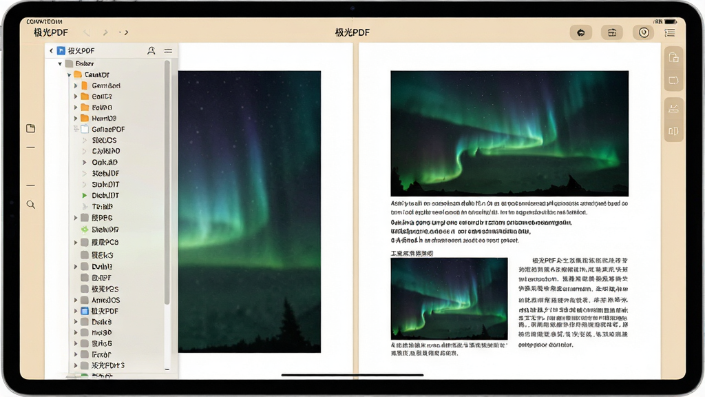 极光PDF在平板电脑上展示双页阅读模式,页面清晰细腻,左侧显示目录树,右侧为图文混排的文档内容,背景为柔和的米色护眼模式,整体风格简约现代,画质干净,无多余元素,屏幕上方显示“极光PDF”字样
