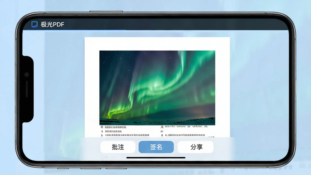 一张极光PDF在手机上的运行截图,屏幕显示一份PDF合同文档,下方有“批注”、“签名”、“分享”按钮,背景为浅蓝色,界面清晰,画质干净,无多余元素,顶部显示“极光PDF”