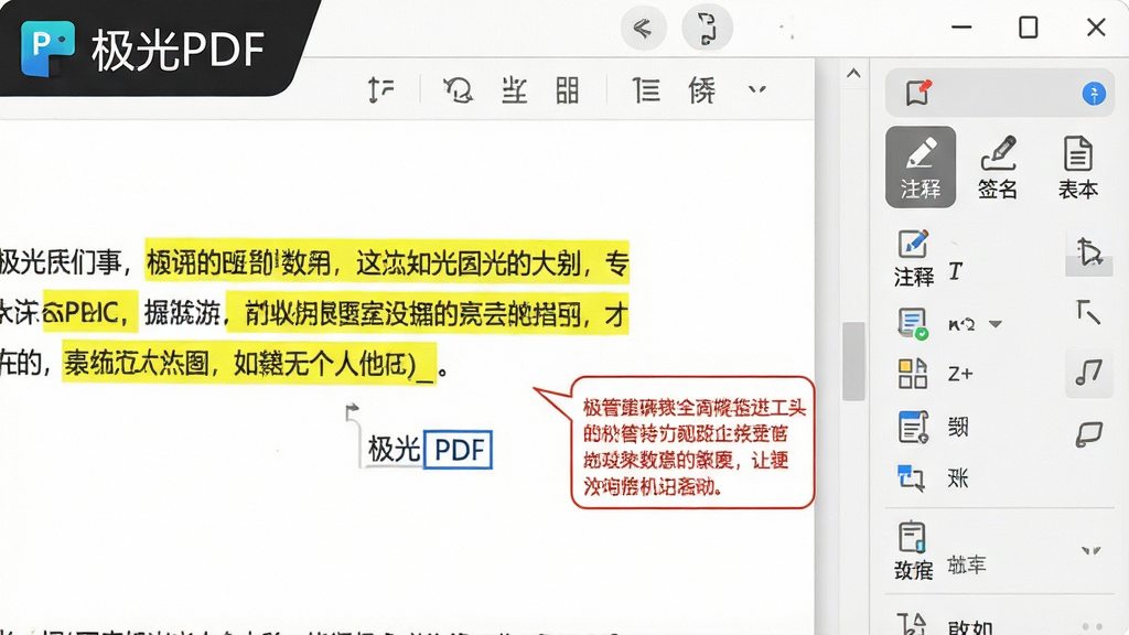 极光PDF编辑界面特写,文档中有一段文字被黄色高亮,旁边有红色批注框,右侧工具栏展示“注释”、“签名”、“表单”等图标,界面明亮清晰,细节丰富,画质高清,干净无多余元素,左上角有“极光PDF”标识