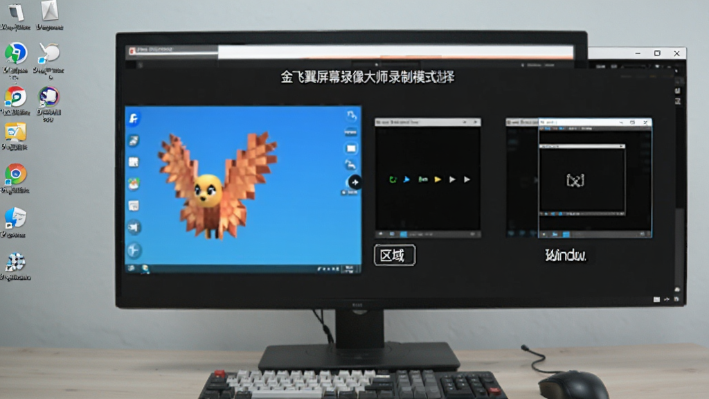 金飞翼屏幕录像大师录制模式选择界面,屏幕中显示全屏、区域、窗口三个选项,背景为桌面操作画面,简洁明了,画质清晰