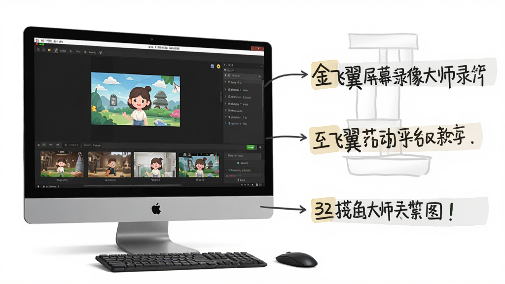 金飞翼屏幕录像大师录制教程示意图,电脑屏幕显示录制操作步骤,旁边有文字标注,布局清晰,画质干净