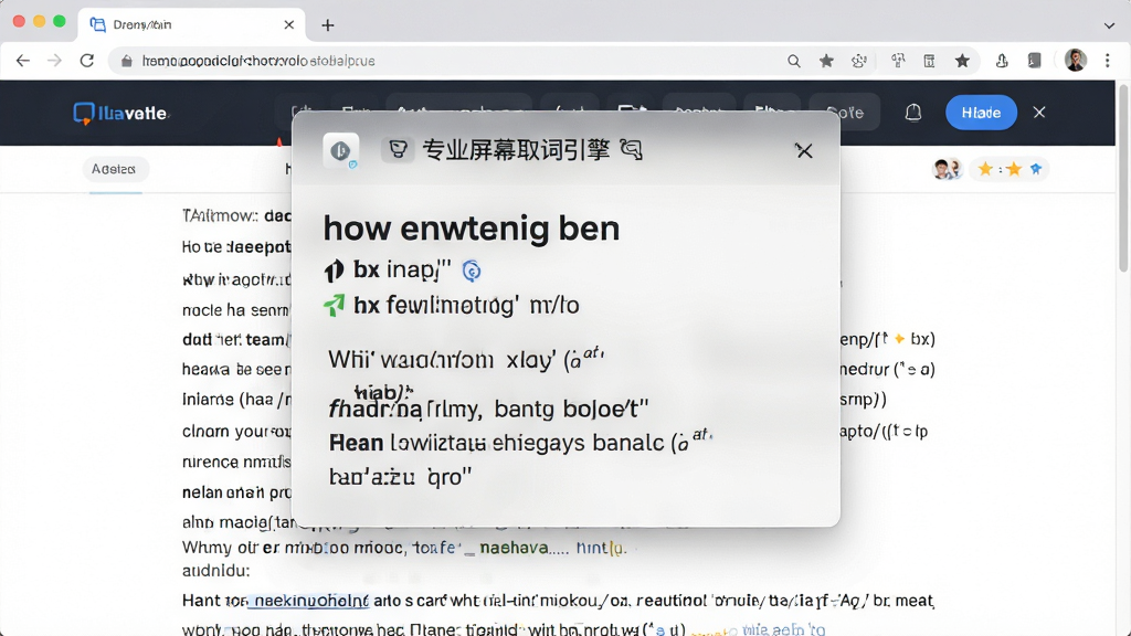 展示“专业屏幕取词引擎”悬浮取词窗口,半透明磨砂质感窗口悬浮在浏览器上方,窗口内显示单词释义、音标与例句,背景为打开的英文网页,整体布局协调,风格现代,细节清晰,画质干净,无多余元素