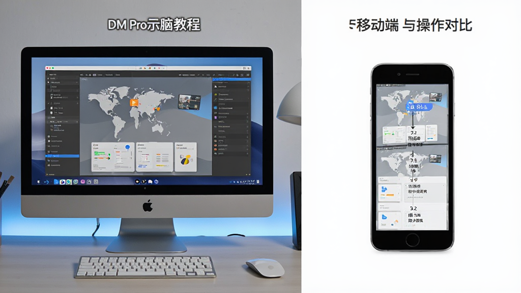 DM Pro 使用教程示意图,电脑端与移动端操作对比,左侧电脑屏幕显示软件界面,右侧手机模拟器界面,清晰步骤标注,现代简洁风格,画质干净