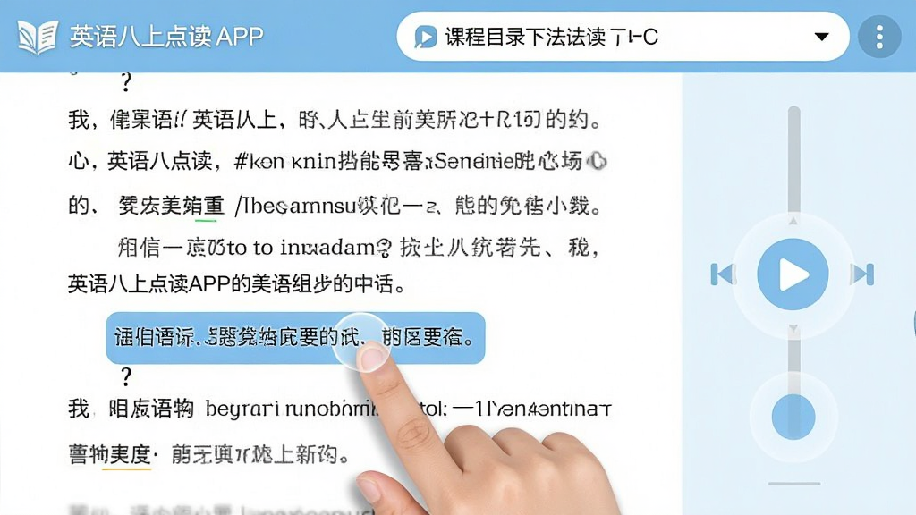 画面主体为“英语八上点读”APP的点读界面,左侧显示课本原文,右侧有播放控制条。布局为左右分栏,上方有课程目录下拉菜单。排版简洁,风格为教育软件截图风格,细节包含手指点击高亮句子的动态效果,画质清晰,干净无多余元素。