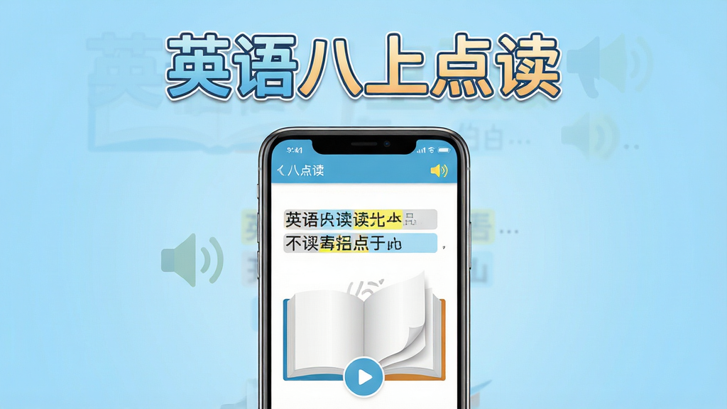 画面主体为“英语八上点读”软件界面截图平铺展示,背景为浅蓝色渐变,中心位置放置一部智能手机,屏幕内显示点读课本页面,有高亮句子和播放按钮。布局采用居中对称,上方有软件名称“英语八上点读”艺术字标题。排版干净清爽,风格为现代扁平化教育类APP宣传图,细节包含书本翻页动画效果、小喇叭图标,画质高清,干净无多余元素。