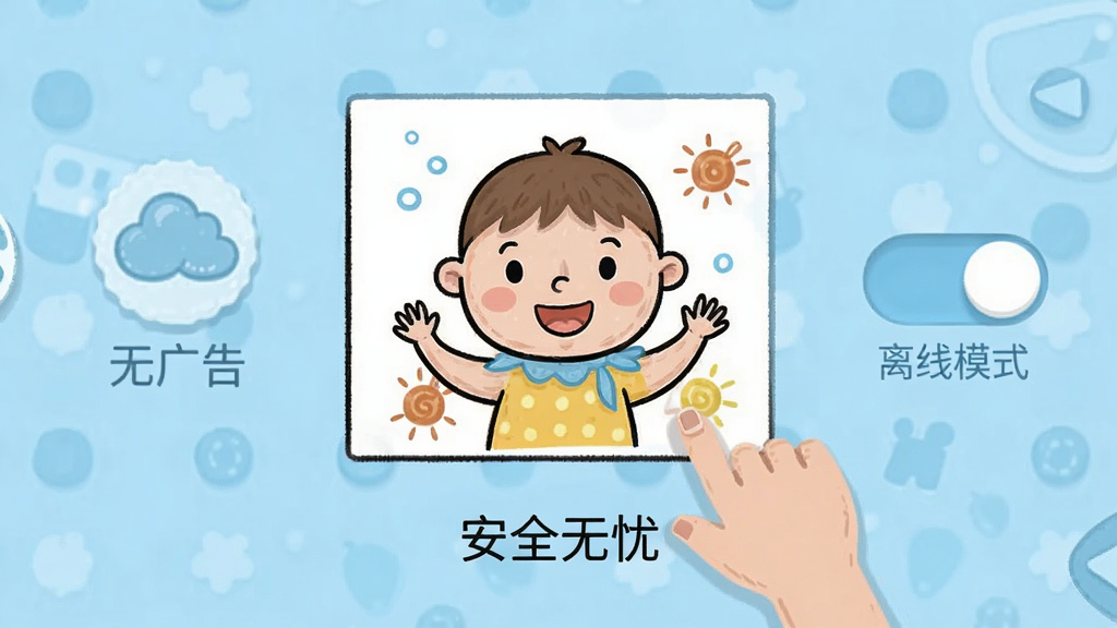 儿童涂色宝宝涂鸦的家长控制界面,显示“无广告”图标和“离线模式”开关,背景为浅蓝色,界面简洁,图标清晰,文字标注“安全无忧”,画质干净,无多余元素