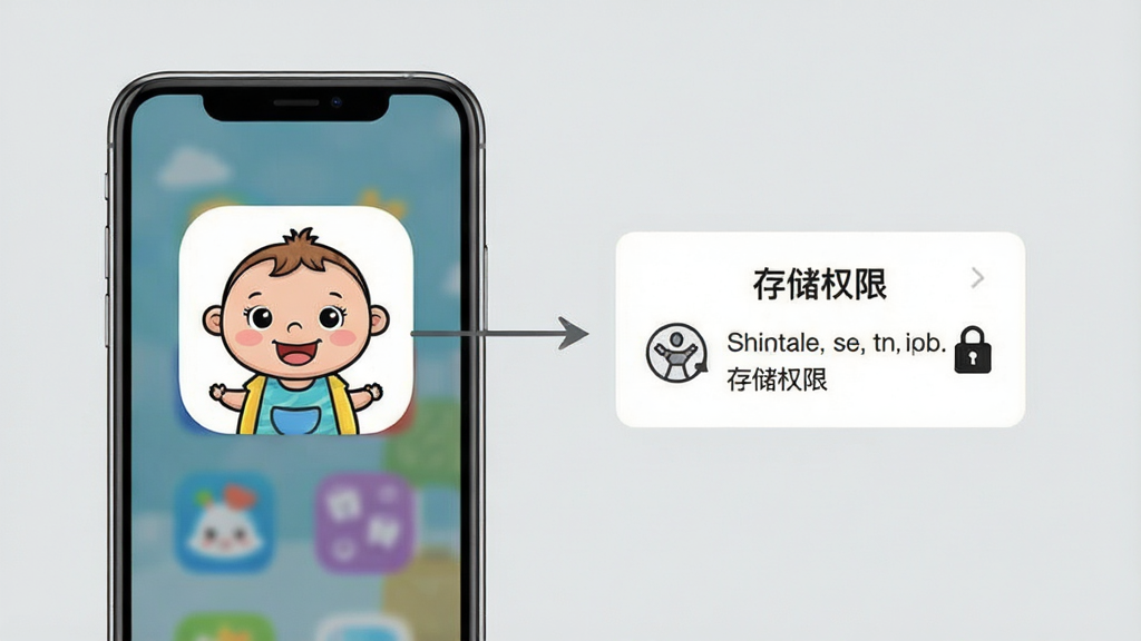 儿童涂色宝宝涂鸦在手机上的安装教程示意图,手机屏幕中显示应用图标,旁边有“存储权限”弹窗,背景为浅灰色,步骤清晰,画质干净,无多余元素