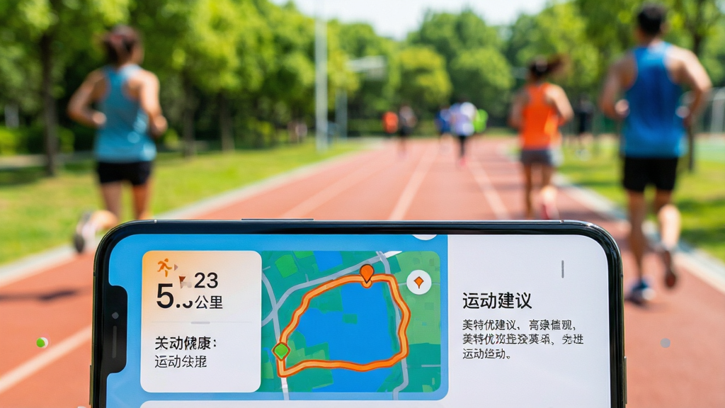 ���壺�˶������У��ֻ���Ļ��ʾ�����Ž���APP���˶���¼���棬�����ܲ��켣��ͼ�͡�5.23������ݡ����֣��ֻ��ڻ���ײ�����֮һ��������Ϊ��԰�ܵ���Զ�����������Ű棺�켣��ͼɫ�����ޣ����ݿ�Ƭ�����Ҳ����˶��������֡���񣺻����˶��磬�������ġ�ϸ�ڣ��ֻ���Ļ�����������켣����Ϊ��ɫ���������˶�����Ӱ�黯�����ʣ����壬�ɾ����޶���Ԫ�ء�