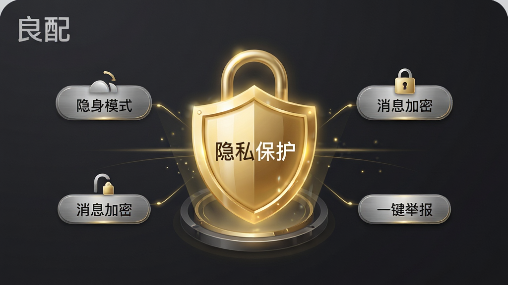 画面主体为“良配”App的隐私保护功能说明图,背景为深灰色,中央是一个发光的金色锁盾图标,锁盾内包含“隐私保护”字样。布局为锁盾居中,周围环绕“隐身模式”、“消息加密”、“一键举报”等小图标和说明文字。排版上以锁盾为核心,配以环绕式标签。风格为科技安全风,细节包含金属质感、光效线条,画质高清干净,无多余元素。图片左上角有“良配”品牌水印。
