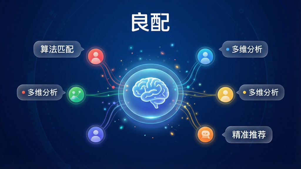画面主体为“良配”App的智能匹配算法示意图,中央是一个发光的圆形大脑图标,周围环绕着代表不同用户特征的彩色数据节点,节点间以流畅的线条相连。布局采用中心对称式,背景为深蓝色科技感渐变。排版上将“算法匹配”、“多维分析”、“精准推荐”等关键词以悬浮标签形式置于节点旁。风格为科技感信息图,细节包含光效粒子、半透明圆角框,画质高清干净,无多余元素。图片中央上方有“良配”品牌标识。