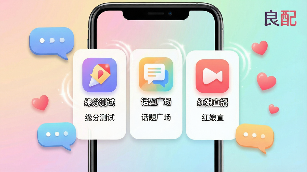 画面主体为“良配”App的互动功能聚合界面,屏幕上以宫格形式展示“缘分测试”、“话题广场”、“红娘直播”三个功能模块的图标。布局为手机屏幕截图居中,周围以彩色对话气泡和爱心元素点缀。背景为马卡龙色系渐变,排版整齐清晰。风格为活泼的社交APP界面展示,细节包含图标阴影、动态效果光晕,画质高清干净,无多余元素。图片右上角有“良配”字样。