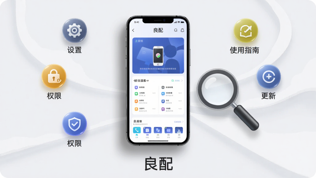 画面主体为“良配”App在手机上的安装与使用场景图,手机屏幕显示主界面,旁边放置一个放大镜图标,象征“使用指南”。布局为手机居中,周围环绕“设置”、“权限”、“更新”等小图标。背景为浅灰色,排版清晰。风格为现代电子设备使用手册风格,细节包含手机阴影、图标高光,画质干净无多余元素。图片底部有“良配”字样。