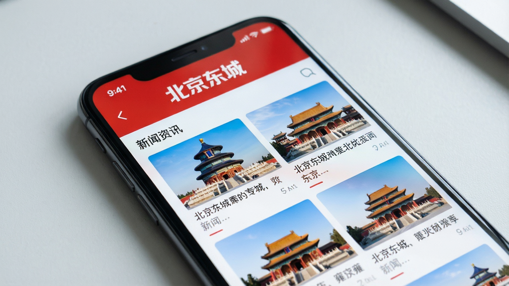 一张展示智能手机屏幕的正面特写,手机屏幕中清晰显示“北京东城”APP的首页界面,界面顶部为红色主题栏,包含“北京东城”白色文字LOGO,下方是新闻资讯流,配有东城区地标建筑如天坛、雍和宫的图片缩略图,布局简洁明快,背景为浅灰色桌面,自然光照明亮干净,画质高清,无多余元素