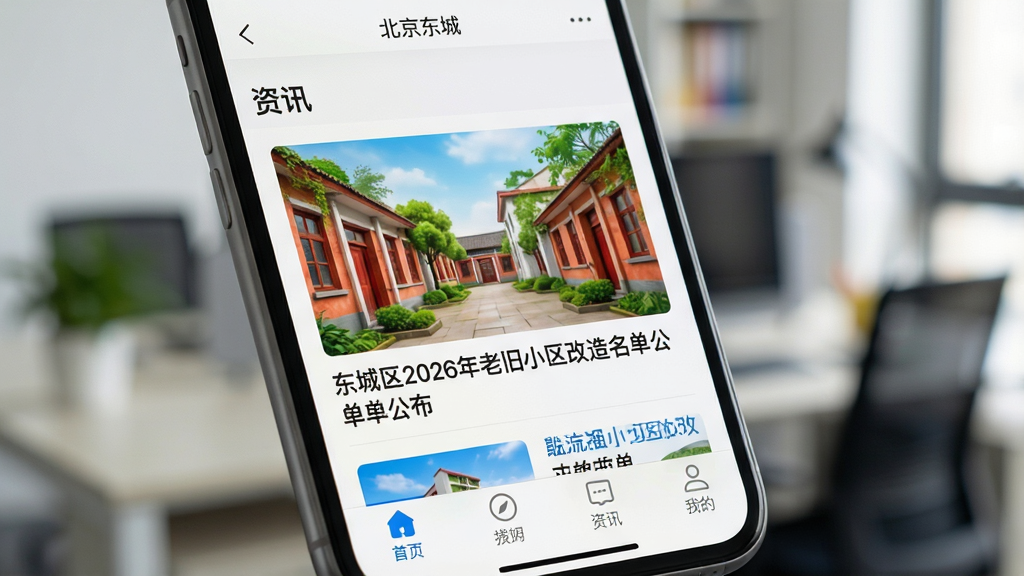 高清特写手机界面,屏幕上展示“北京东城”APP的“资讯”栏目,列表新闻标题清晰可读,配图色彩鲜明,其中一条标题为“东城区2026年老旧小区改造名单公布”,界面底部导航栏高亮显示“首页”图标,手机边缘圆润,背景为模糊的办公室环境,光线柔和,画质细腻,干净无杂物