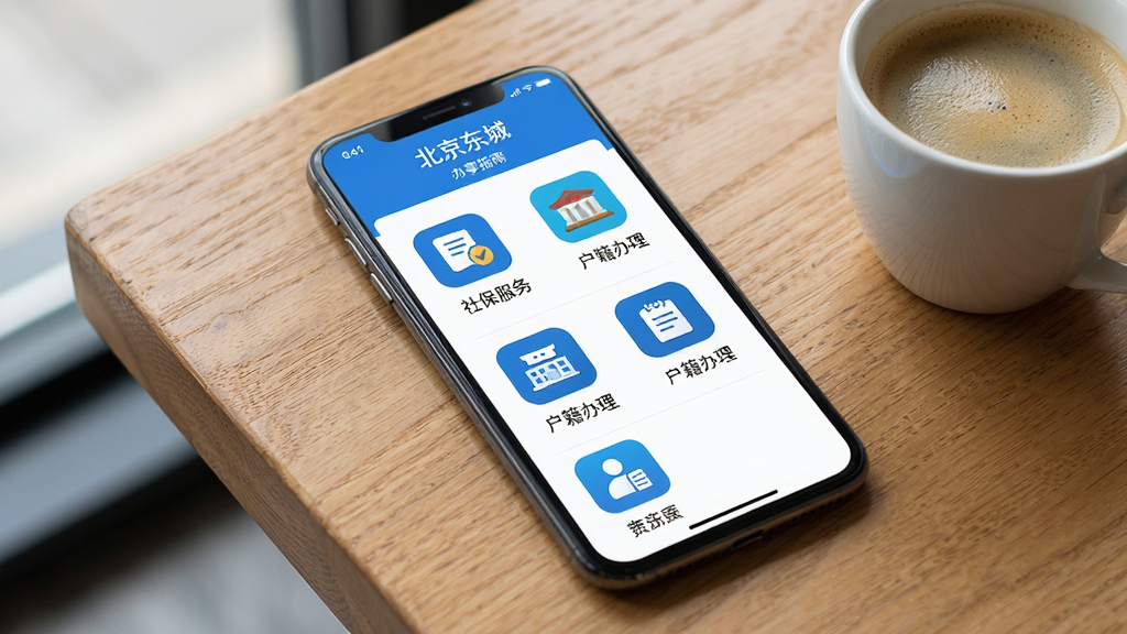 展示“北京东城”APP的“政务服务”功能模块,屏幕中显示办事指南列表,包含“社保服务”、“户籍办理”等图标,每个图标下方有简短说明文字,界面采用蓝白配色,清晰易读,手机置于木质桌面上,旁边有一杯咖啡,整体氛围轻松商务,画质干净明亮,无多余元素