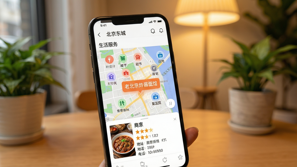 手机屏幕展示“北京东城”APP的“生活服务”页面,地图上显示周边餐饮、超市、医院等图标,其中一家“老北京炸酱面馆”被高亮标注,底部弹出商家详情卡片,包含评分、地址、电话信息,背景为室内暖光环境,桌面有绿植点缀,画质清晰柔和,构图干净,无多余元素