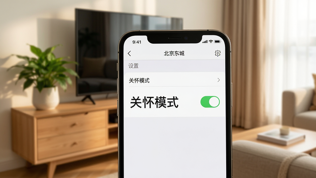 手机屏幕展示“北京东城”APP的“设置”界面,其中“关怀模式”开关处于打开状态,字体明显放大,界面简洁,背景为家庭客厅环境,电视柜上摆放绿植,光线柔和,画质清晰,干净无多余元素