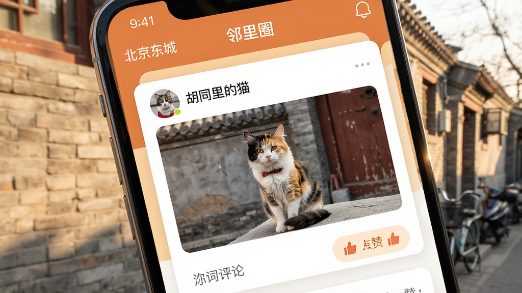 手机屏幕展示“北京东城”APP的“邻里圈”社区页面,顶部是用户发布的帖子卡片,内容有“胡同里的猫”照片,下方有评论点赞按钮,界面采用暖色系,背景是胡同砖墙,自然光照射,画质清晰,氛围温馨,干净无多余元素