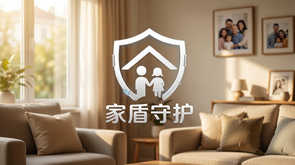 画面中央展示“家盾守护”品牌Logo,以盾牌为原型融合家庭元素,背景为温馨的客厅场景,柔和的自然光透过窗户洒入,整体色调温暖明亮,布局简洁大气,风格写实且具有科技感,细节包括沙发上的抱枕和墙上的家庭照片,画质高清,干净无多余元素。