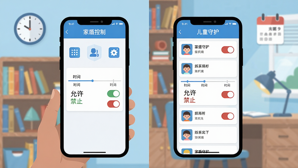 展示“家盾守护”手机应用管控界面,左侧为家长手机控制面板,右侧为儿童手机应用列表,带有时间轴和“允许/禁止”开关,背景为书房环境,画面分屏布局,风格扁平化,色调清新蓝白,细节包括时钟和日历图标,画质干净,无多余元素。