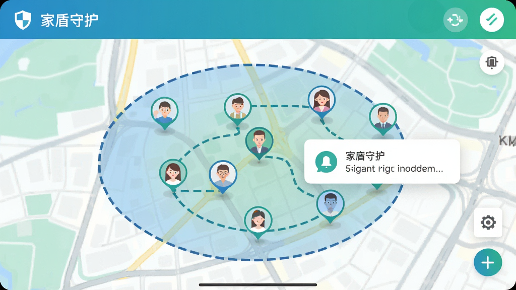 展示“家盾守护”地图定位界面,地图上显示家庭成员头像图标与安全围栏区域,背景为城市地图,布局以地图为主,风格简洁直观,色调蓝绿,细节包括路线虚线和通知弹窗,画质高清,无多余元素。