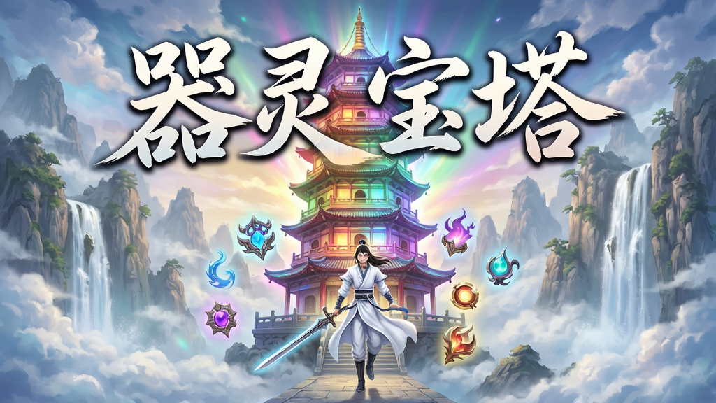 画面中心是巍峨壮观的九层宝塔,塔身散发着七彩霞光,塔前一位白衣少年御剑而立,身旁悬浮着数件造型各异的法宝器灵,背景是云雾缭绕的仙山与飞流瀑布。整体采用唯美东方玄幻画风,色彩明亮梦幻,细节精致丰富,布局以宝塔为主视觉延伸至四周,突出游戏名称“器灵宝塔”四字,字体飘逸洒脱,风格大气磅礴,画质高清,干净无多余元素。