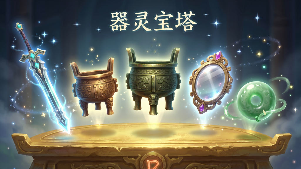 画面展示一排形态各异的器灵,包括发光的仙剑、古朴的铜鼎、晶莹的宝镜、灵动的玉珠,它们悬浮在金色祭坛上,周围有星光粒子环绕。主体为器灵阵列,布局呈扇形展开,排版整齐,风格清新唯美,细节突出每件法宝的纹理与光泽,画质高清,干净无多余元素。画面中漂浮着文字“器灵宝塔”。