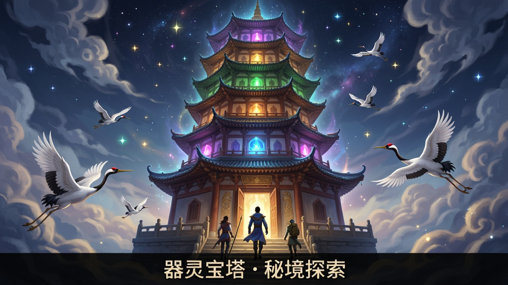 画面中是一座高耸入云的九层宝塔,塔内每一层都闪烁着不同颜色的光芒,塔底大门开启,一位玩家角色带队走入,塔外有仙鹤飞过。主体为宝塔与探险队伍,布局以宝塔为中心,周围点缀祥云与星光,风格华丽玄幻,细节表现塔身雕刻与光影效果,画质高清,干净无多余元素。画面底部显示文字“器灵宝塔秘境探索”。