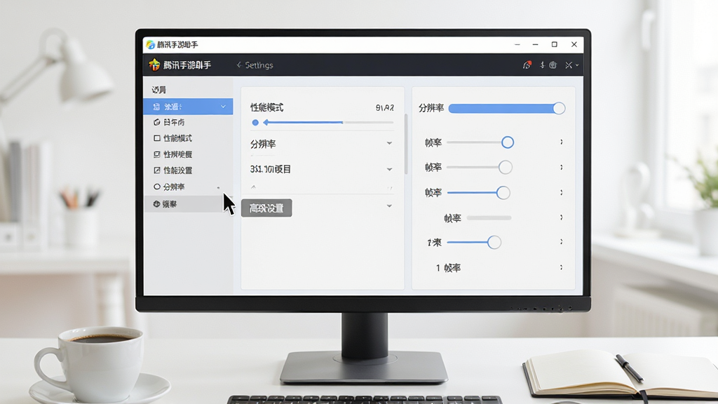 主体:一个整洁的电脑桌面,显示器上显示“腾讯手游助手”的设置界面,鼠标指针正点击“高级设置”选项。布局:显示器居中,旁边有一杯咖啡和一本笔记本。排版:设置界面清晰可见,左侧有选项列表,右侧有参数调整面板。风格:写实生活风格。细节:界面上标注“性能模式”、“分辨率”、“帧率”等文字。画质:高清,干净明亮。