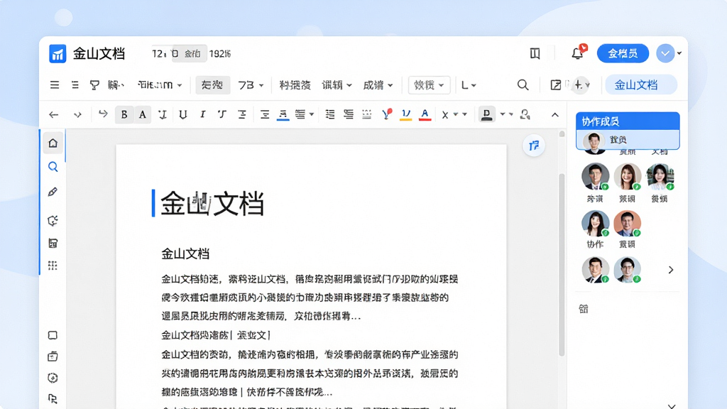 主体:金山文档软件的界面预览图,展示在线文档编辑页面和协作功能。布局:屏幕中央显示一个打开的文档,右侧有协作成员头像列表。排版:清晰展示菜单栏、工具栏和文档内容区域。风格:现代简约,色彩明亮,以蓝色和白色为主色调。细节:文档中显示“金山文档”字样和部分文字内容,界面整洁。画质:高清,干净,无多余元素。