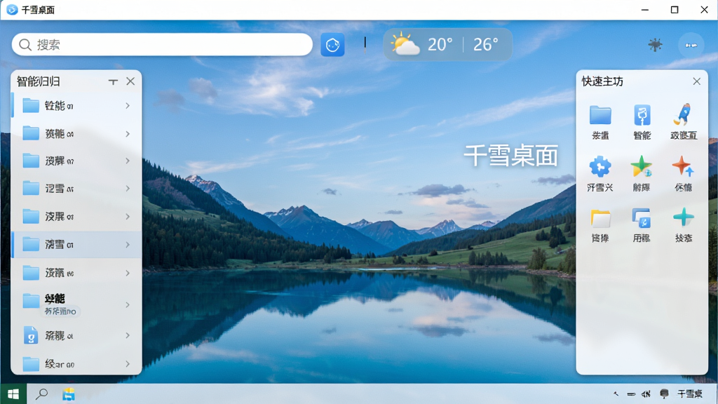 一副精美的电脑桌面截图,主体是千雪桌面软件运行后的主界面,布局为顶部是搜索栏和天气挂件,左侧是智能文件归类区域,右侧是快速启动面板,整体排版简洁明了,风格清新淡雅,以蓝白配色为主,细节上可以看到壁纸是动态的风景图,画质高清,干净无多余元素,屏幕上显示文字