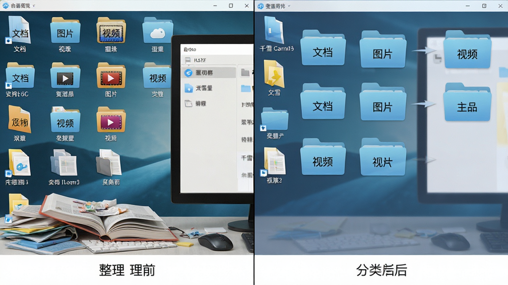 千雪桌面软件功能预览图,主体是软件自动将桌面各种类型的文件图标分类到不同文件夹的动画过程演示,布局为左右对比,左侧是整理前杂乱的桌面,右侧是整理后分类清晰的桌面,排版采用分屏展示,风格写实,细节上可以看到文件夹上标注了