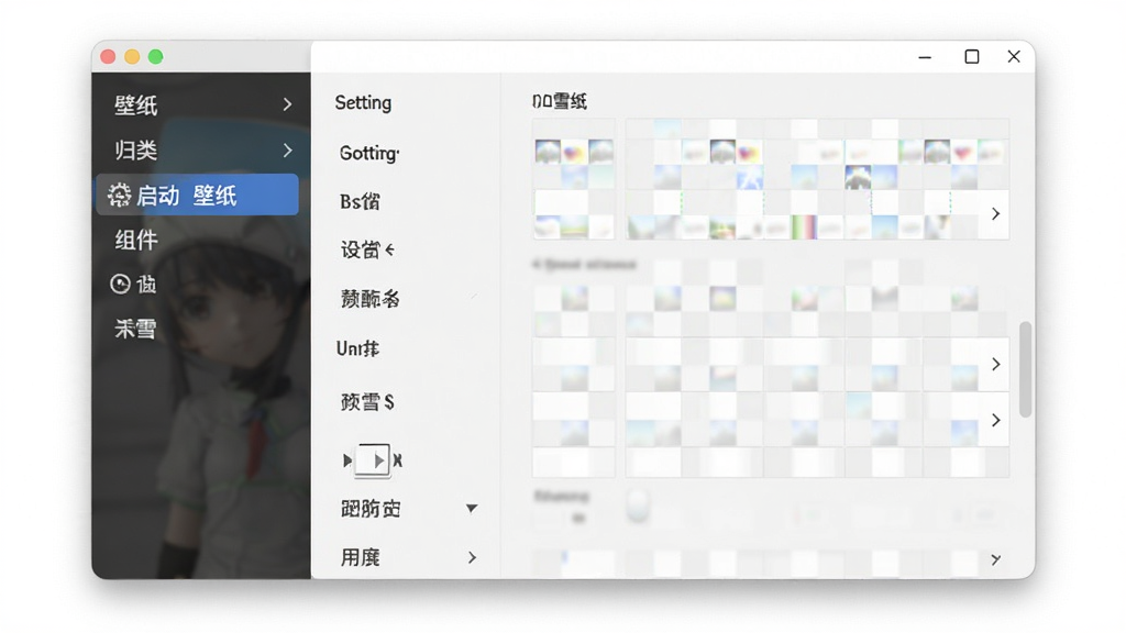 千雪桌面设置界面截图,主体是软件设置窗口,布局为左侧导航栏包含壁纸、归类、启动、组件等选项,右侧是具体的设置内容面板,排版清晰规整,风格简约,细节上可以看到当前选中的是“壁纸”设置项,画质高清,干净无多余元素