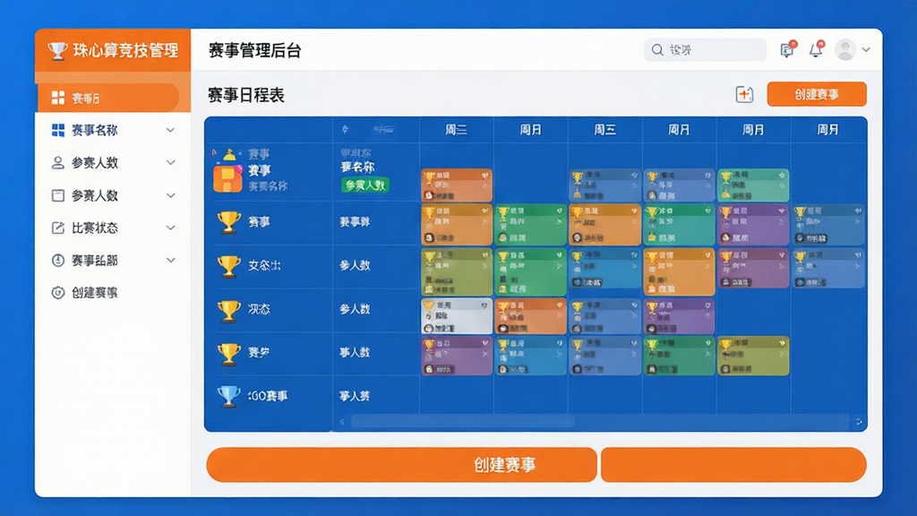 主体:“珠心算竞技管理”赛事管理后台界面,屏幕中显示赛事列表,包含赛事名称、参赛人数、比赛状态等,界面采用橙色与蓝色搭配。布局:左侧为赛事导航栏,右侧为赛事日程表,底部有“创建赛事”按钮。排版:日程表以周视图展示,不同比赛用不同颜色标记。风格:现代管理后台风格,信息层次分明。细节:赛事卡片上有奖杯图标,状态标签清晰,界面有扁平化设计元素。画质:高清渲染,干净无杂物。