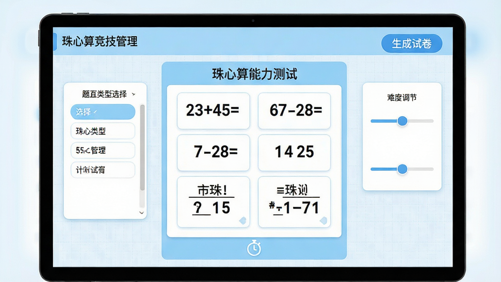 主体:“珠心算竞技管理”智能出题界面,屏幕中显示试卷预览,包含多道珠心算题目,如“23+45=”、“67-28=”等,右上角有“生成试卷”按钮。布局:试卷居中显示,左侧为题目类型选择区,右侧为难度调节滑块。排版:题目以卡片形式排列,字体清晰,数字醒目。风格:教育软件风格,配色以浅蓝和白色为主,视觉清爽。细节:试卷顶部有标题“珠心算能力测试”,底部有计时器图标,界面有细微网格背景。画质:4K高清,画面干净,无多余元素。