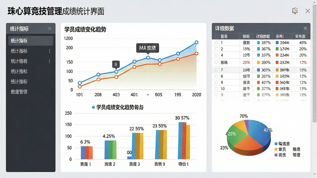 主体:“珠心算竞技管理”成绩统计界面,屏幕中显示折线图、柱状图和饼图,展示学员成绩变化趋势与得分分布。布局:图表居中排列,左侧为统计指标选择菜单,右侧为详细数据表格。排版:图表色彩鲜艳,坐标轴清晰,数据标注准确。风格:数据可视化风格,背景为浅灰色,突出图表色彩。细节:折线图有数据点提示,柱状图有百分比标签,饼图有图例。画质:超清画质,画面干净,无多余元素。