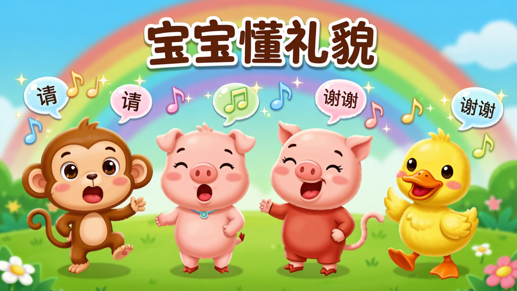 画面主体为“宝宝懂礼貌”儿歌界面,多个卡通角色(小猴、小猪、小鸭)排成一排,随着音符跳动,嘴巴张开唱歌,屏幕上有闪烁的音乐符号和“请”“谢谢”等文字气泡。布局为横向队列,背景是彩虹和草地。风格为儿童卡通MV,色彩活泼,细节包括角色头顶的音符特效。画质清晰,干净,无多余元素。